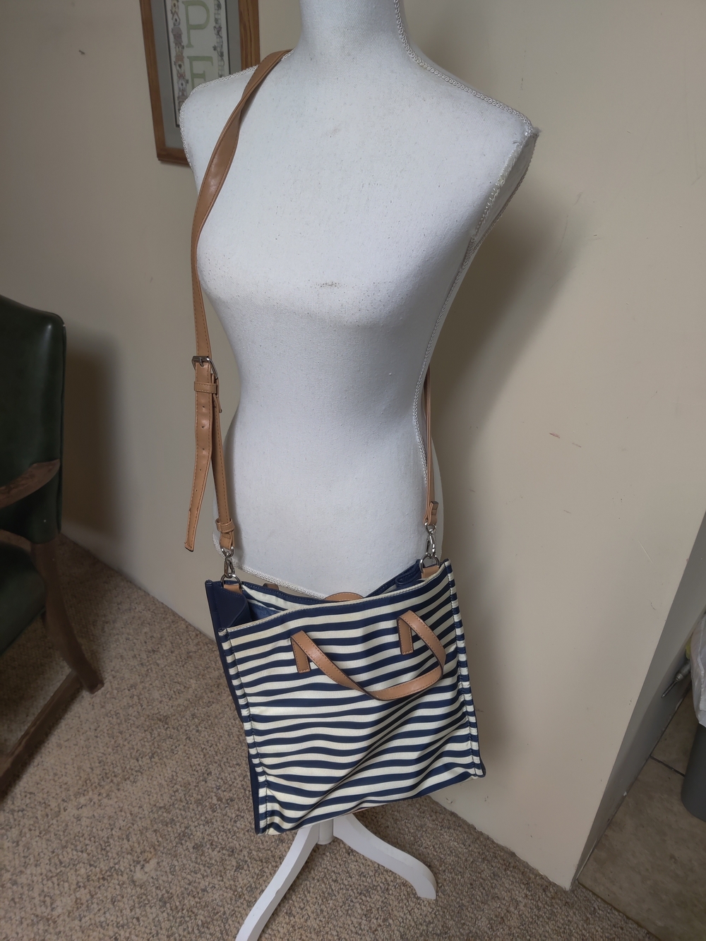 Nautica Striped Navy & White Crossbody Tote with Tan Trim